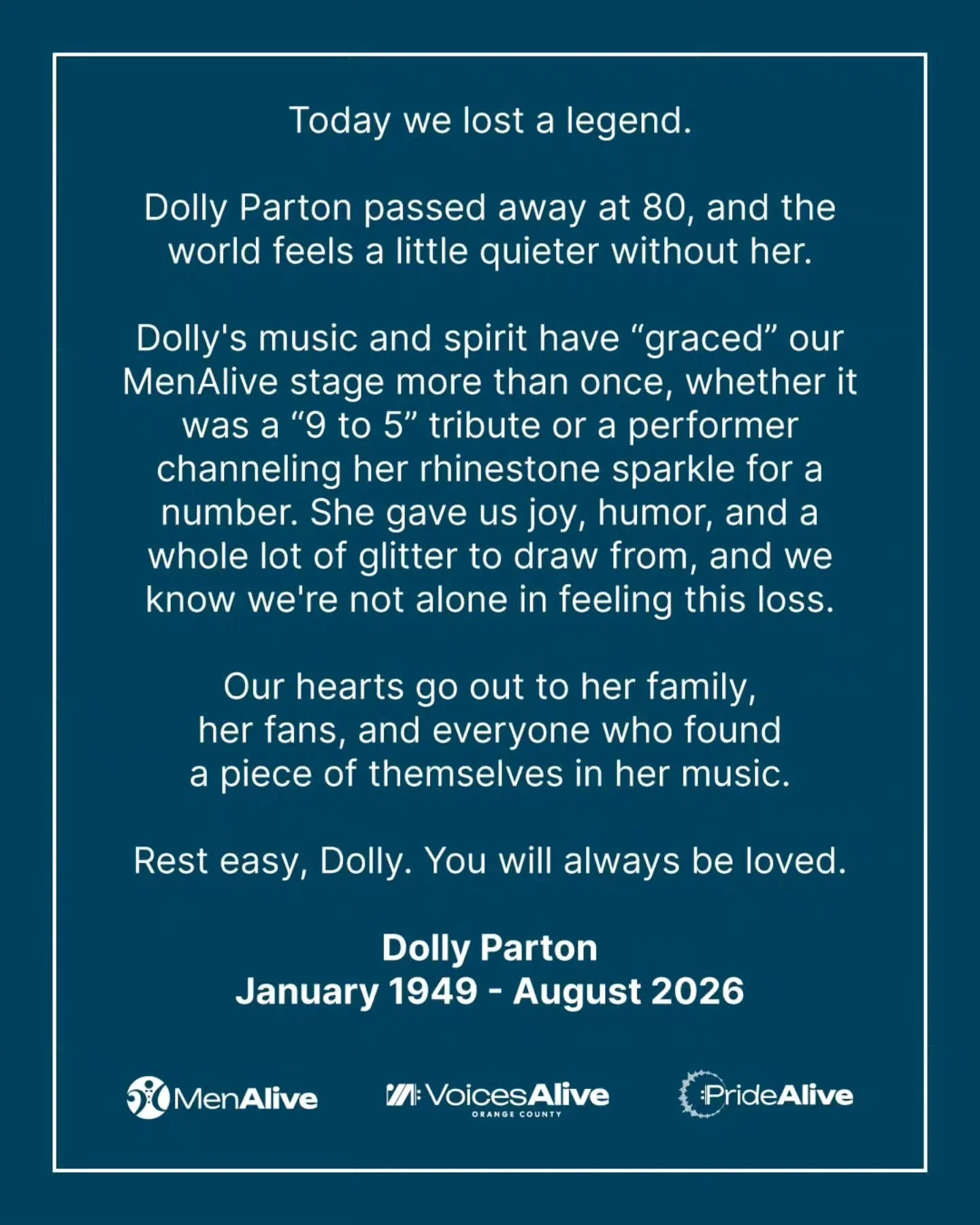 Today we lost a legend. Dolly Parton passed away at 80, and the world feels a little quieter without her. Rest easy, Dolly. You will always be loved.
