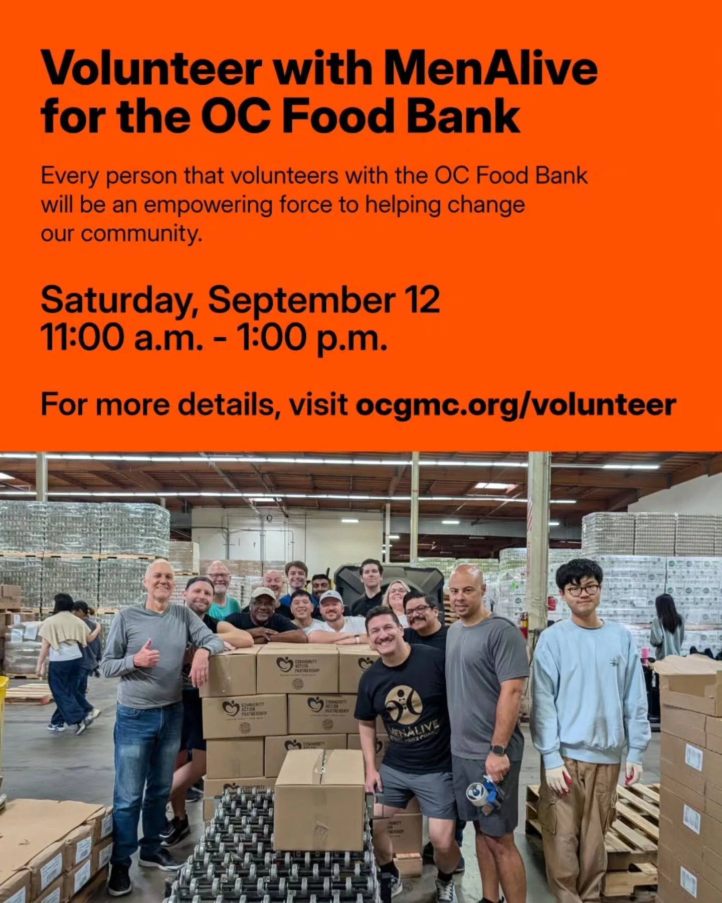 Looking to volunteer? Come join members of MenAlive on September 12 for the OC Food Bank. As one of our community partners, it's always great to be able to lend extra hands to get the job done and help others. 

For details, visit the link in the bio