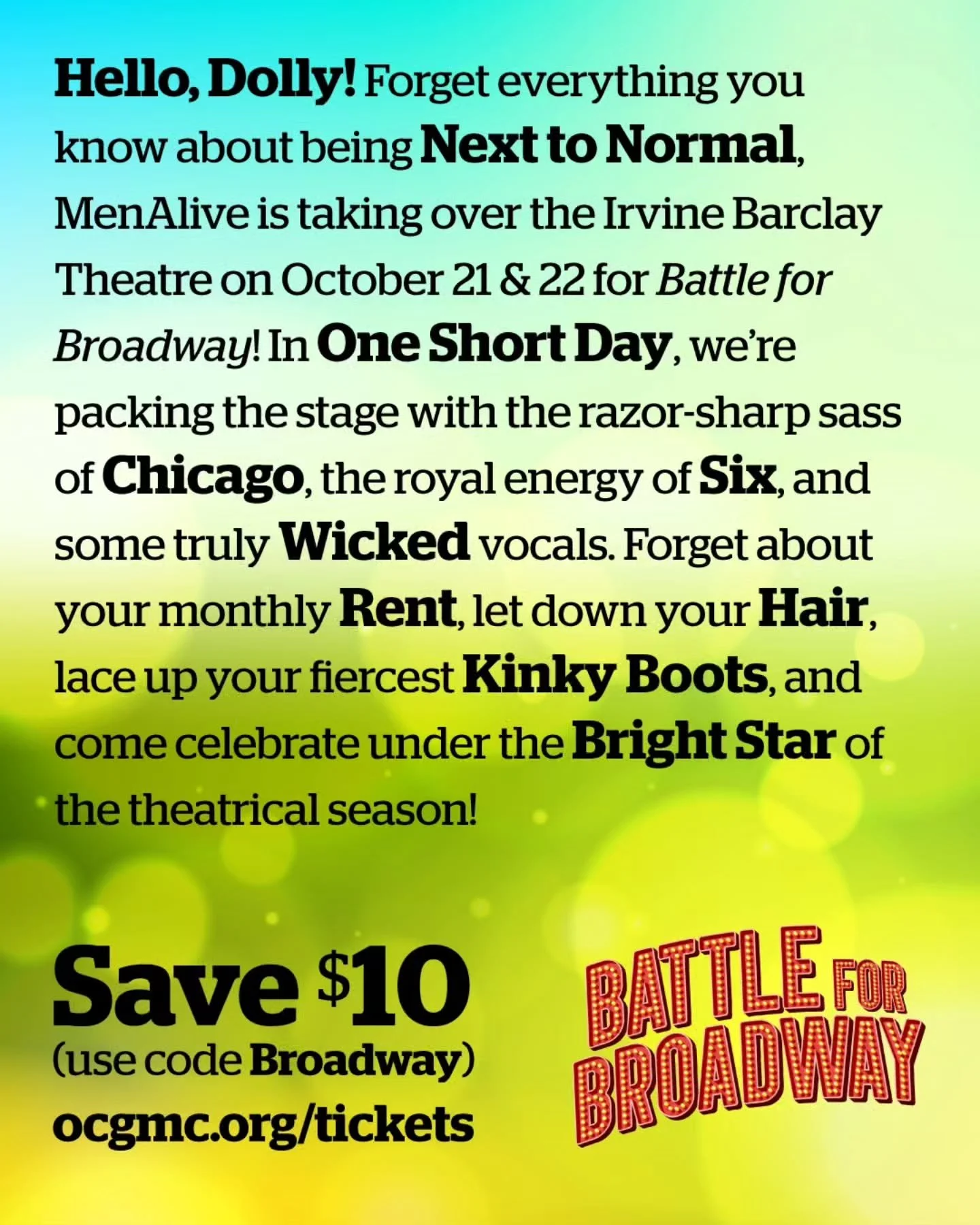 In one short day, @menalivechorus will take to the stage at the @irvinebarclay theatre presenting Battle for Broadway! 🎭 Have you grabbed your tickets yet?

Use code Broadway to save $10 on your ticket as some seats are still available!

📅 Wednesda