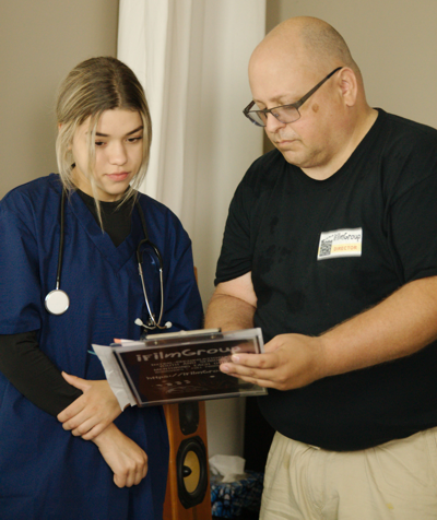 Director Matthew Marshall mentoring actor Bree Hamilton.