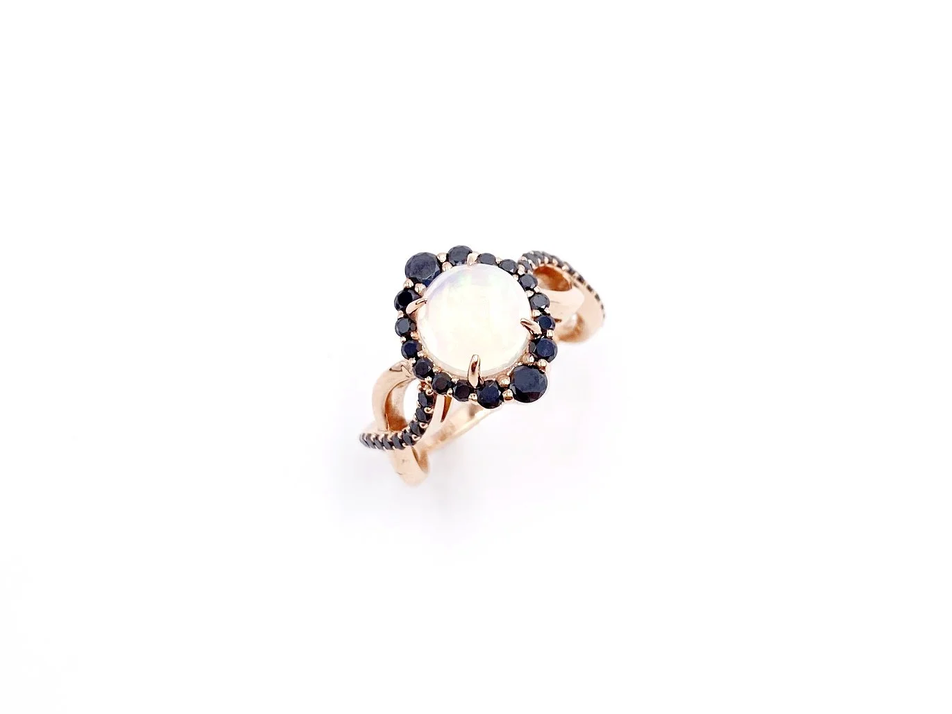 Moonstone ring with black diamond halo
