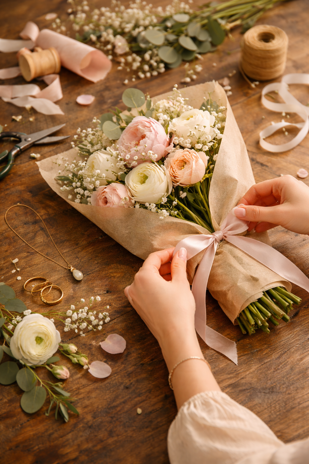 A bouquet of flowers being tied with a ribbon.
