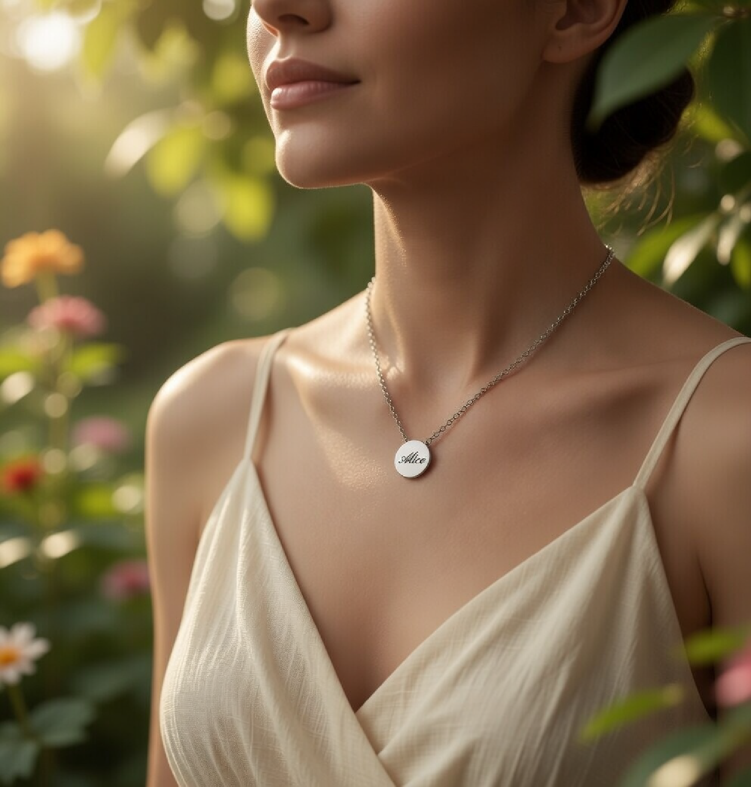 Woman with a silver disk necklace custom engraved.