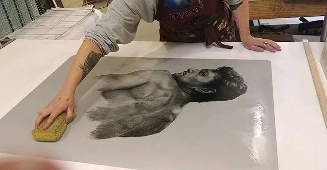 Process shot of the lithograph plate I drew at @andersonranchartscenter - photo by @eferrill - thank you @brianshure , print master, for making this possible and encouraging me to try lithography ❤️