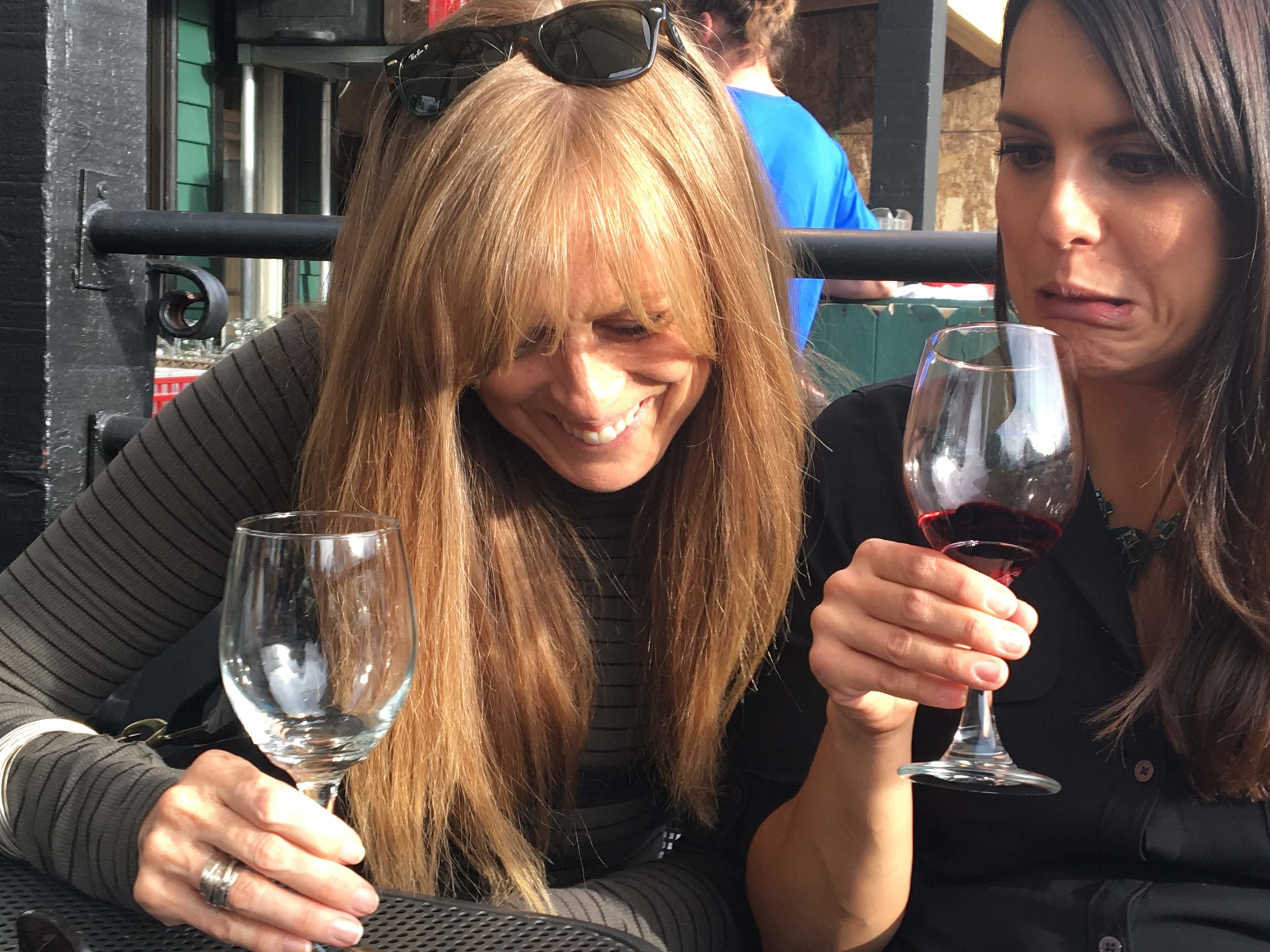 Kristen and Mom laughing wine Breck.JPG