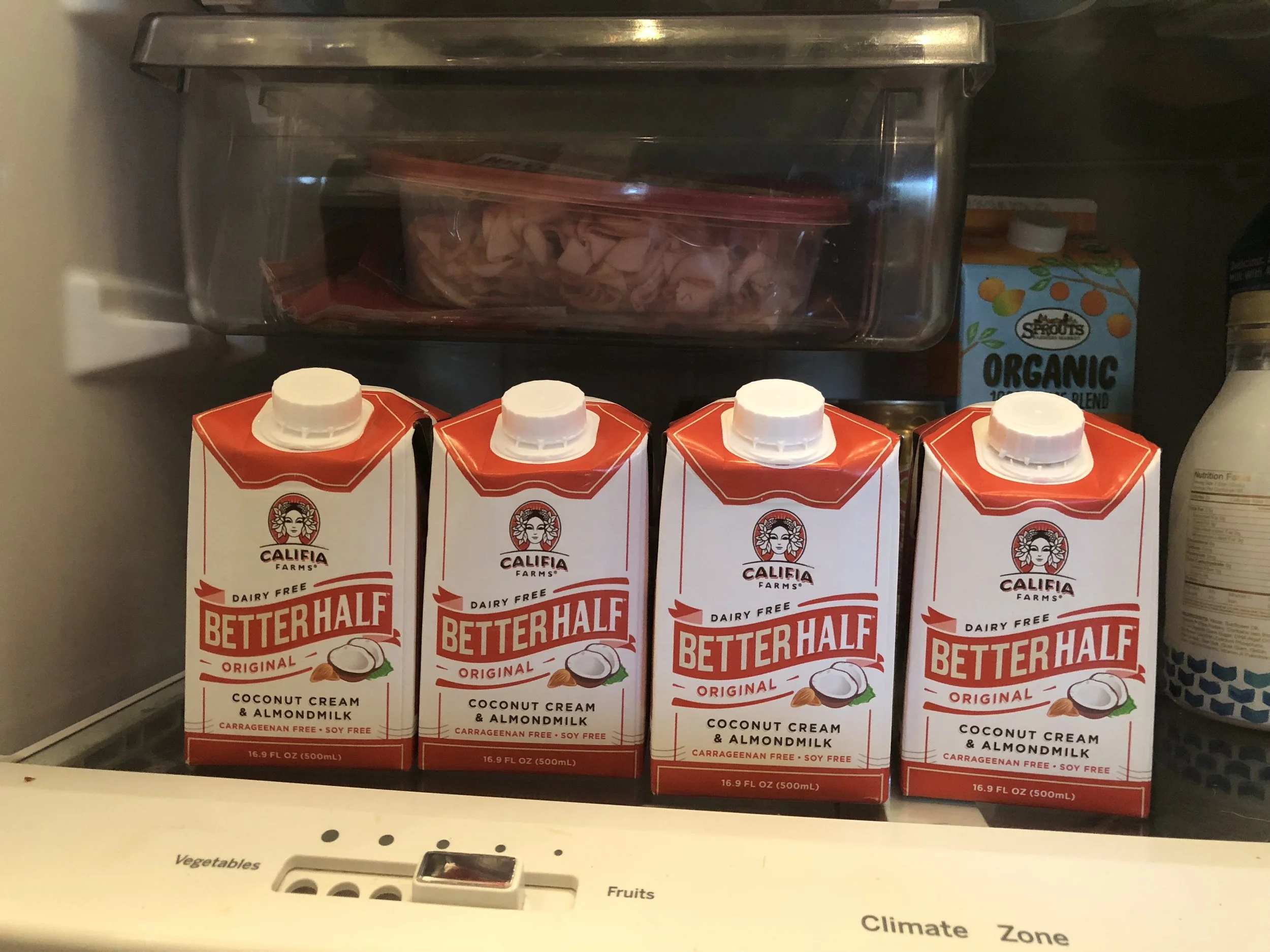 Tonight, I stumbled upon four full containers of this dairy-free half and half at the bottom of my fridge. In my survival mode, I must have forgotten my fridge’s inventory when at the store and erred on the side of coffee-creamer-caution.