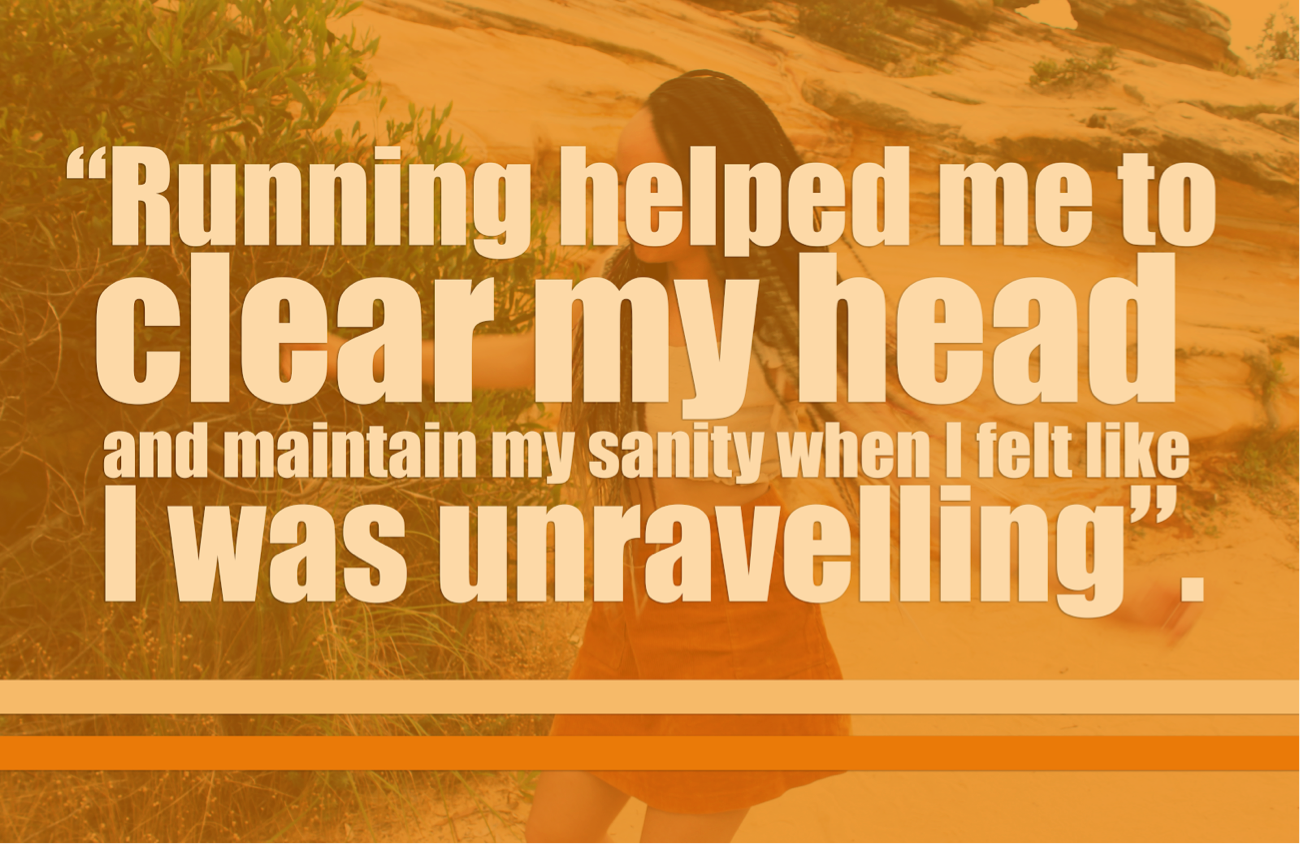 [image description: the words “running helped me to clear my head and maintain my sanity when I felt like I was unravelling” is written in pale yellow. In the background, there is an image of Ria dancing in a white crop top and an orange skirt. The …