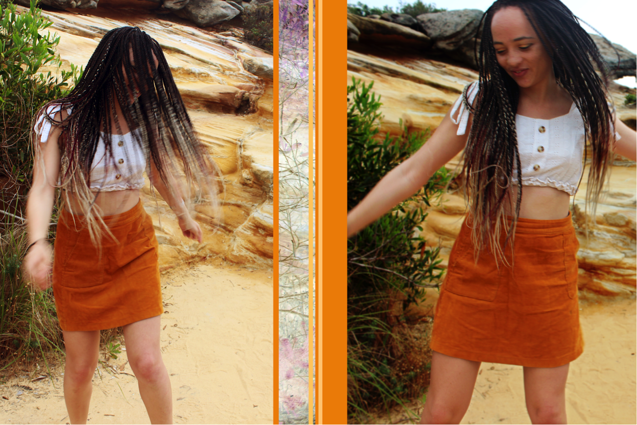 [image description: There are two pictures of Ria dancing in a white crop top and orange skirt, with sandstone in the background. In the left photo, her hair is covering her face. In the right photo, her hair is out of her face and she is smiling. T…