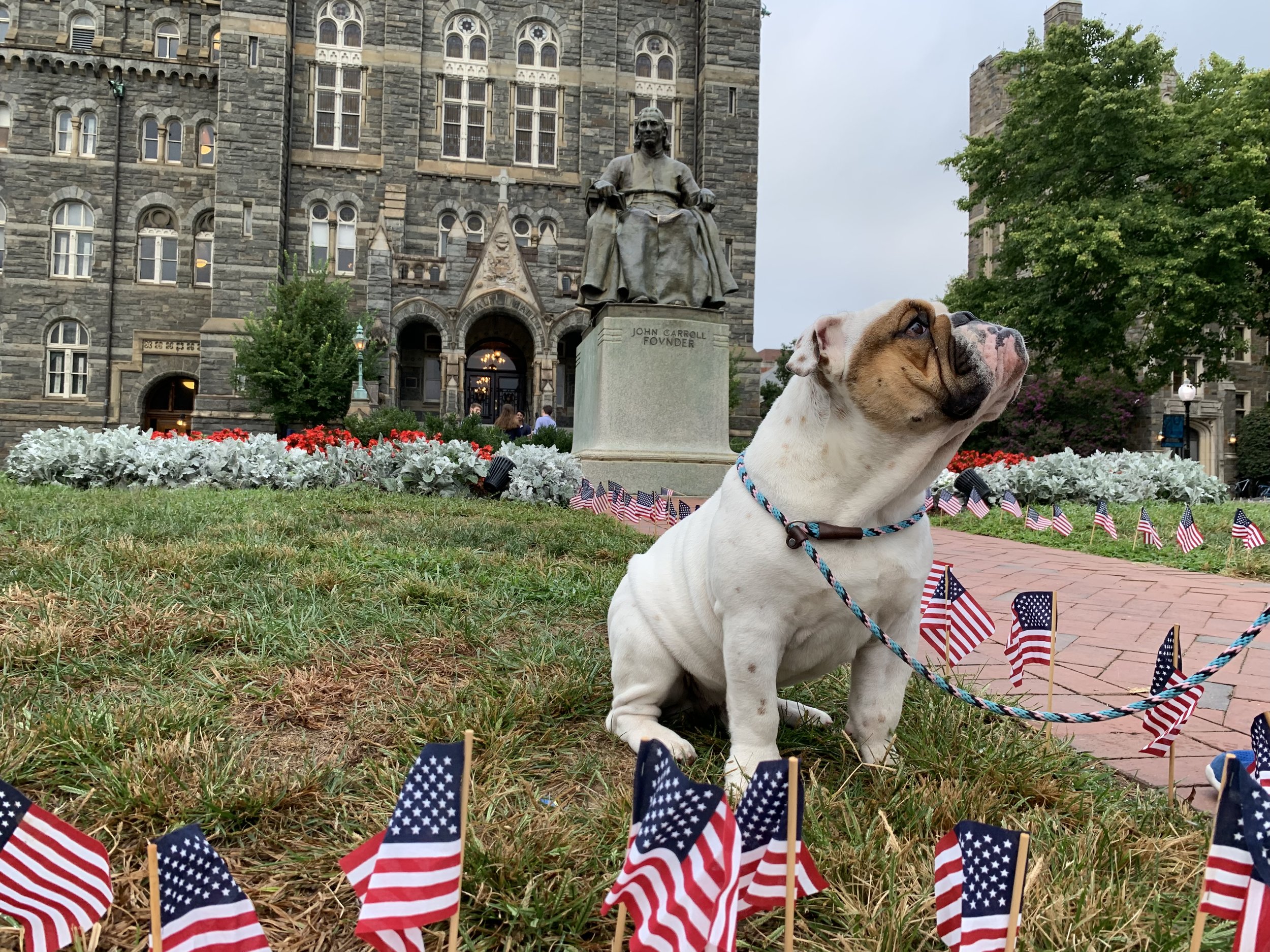 Georgetown mascot Jack the Bulldog poses in front of the John Carroll statue. (9/11/2019)