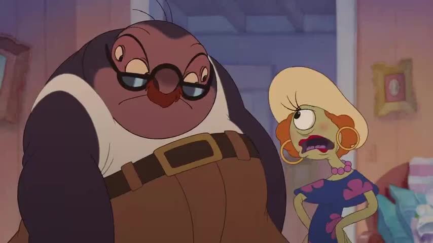 Jumba and Pleakley dressed as a couple in Lilo & Stitch. 
