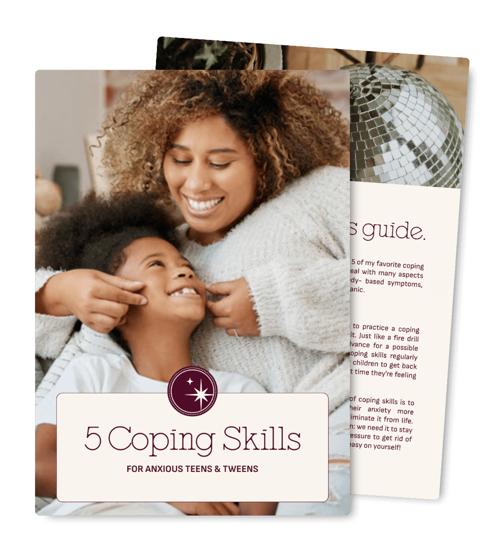 Mockup of a coping skills guide for anxious teens and tweens with parent and child imagery