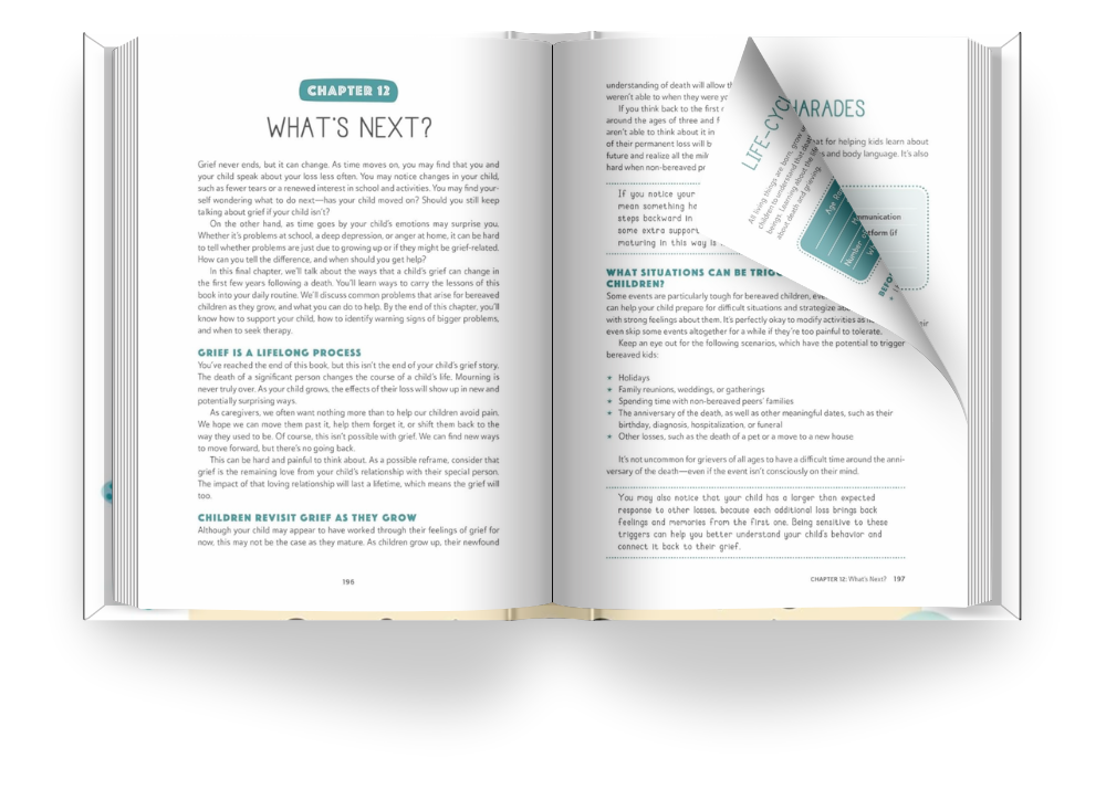 Open book showing chapter 12 titled 'What's Next?' discussing grief, children's reactions to grief, and coping strategies.