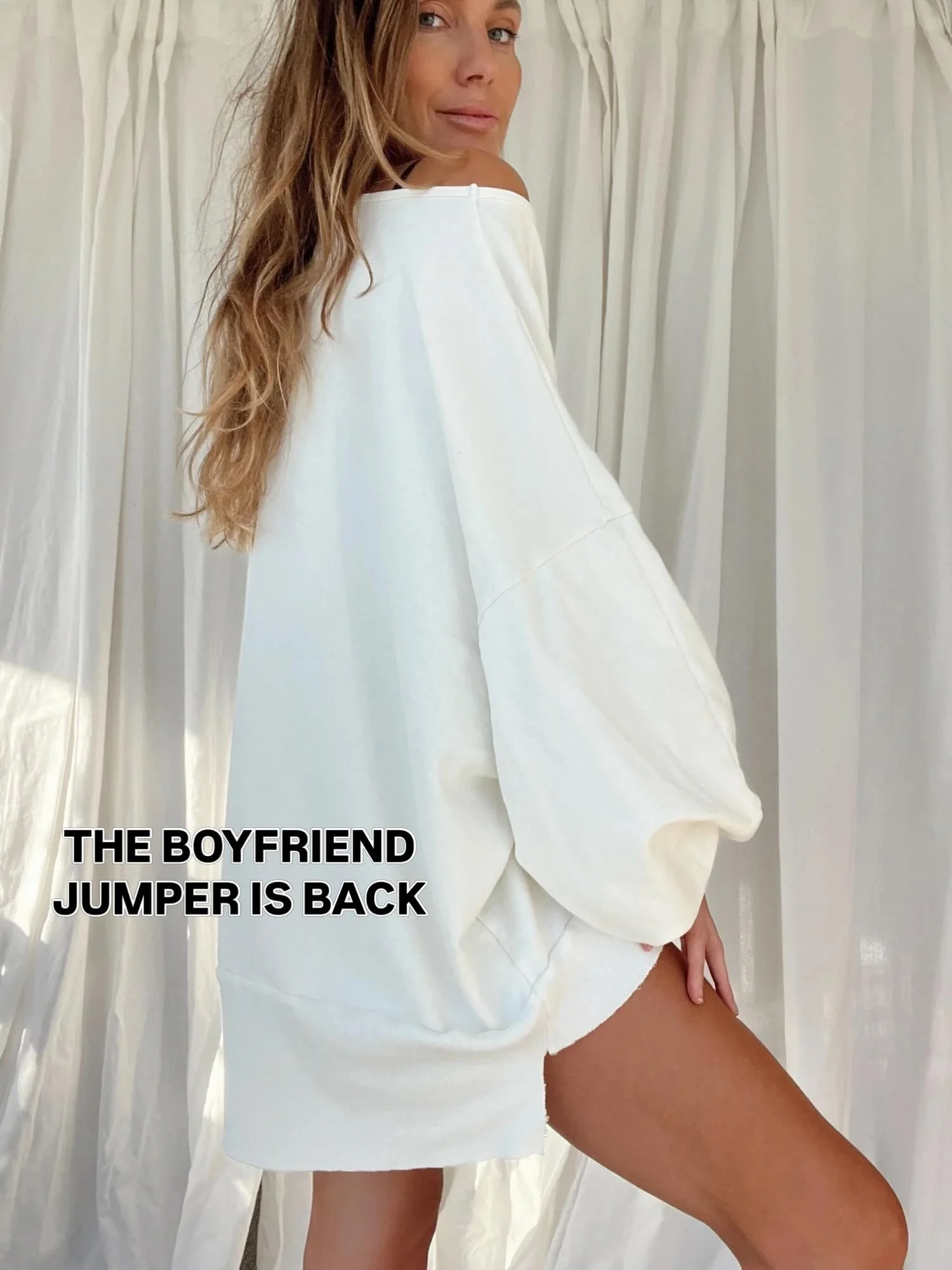 After FIVE sell outs, our iconic Boyfriend Jumpers are back.

Locally made from 100% organic cotton and designed to feel like a big warm hug.

Soft, oversized and made for school runs, slow mornings, airport days and everything in between.

First col
