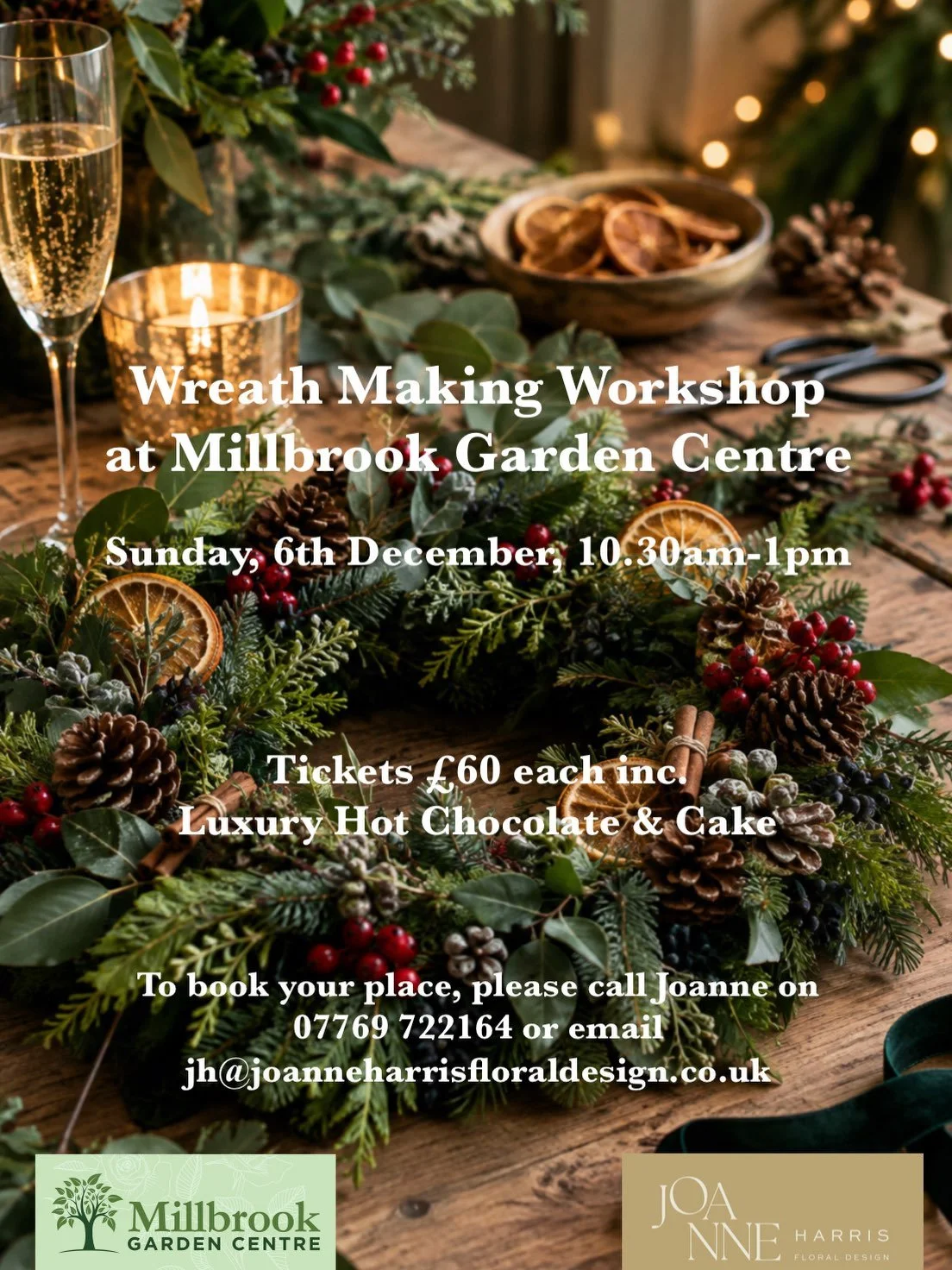 Join me @millbrook_garden_centre on Sunday, 6th December for a hands-on Wreath Making Workshop, and begin the festive season with a morning of creativity and Christmas spirit. To book your place please call me on 07769 722164 or email jh@joanneharris