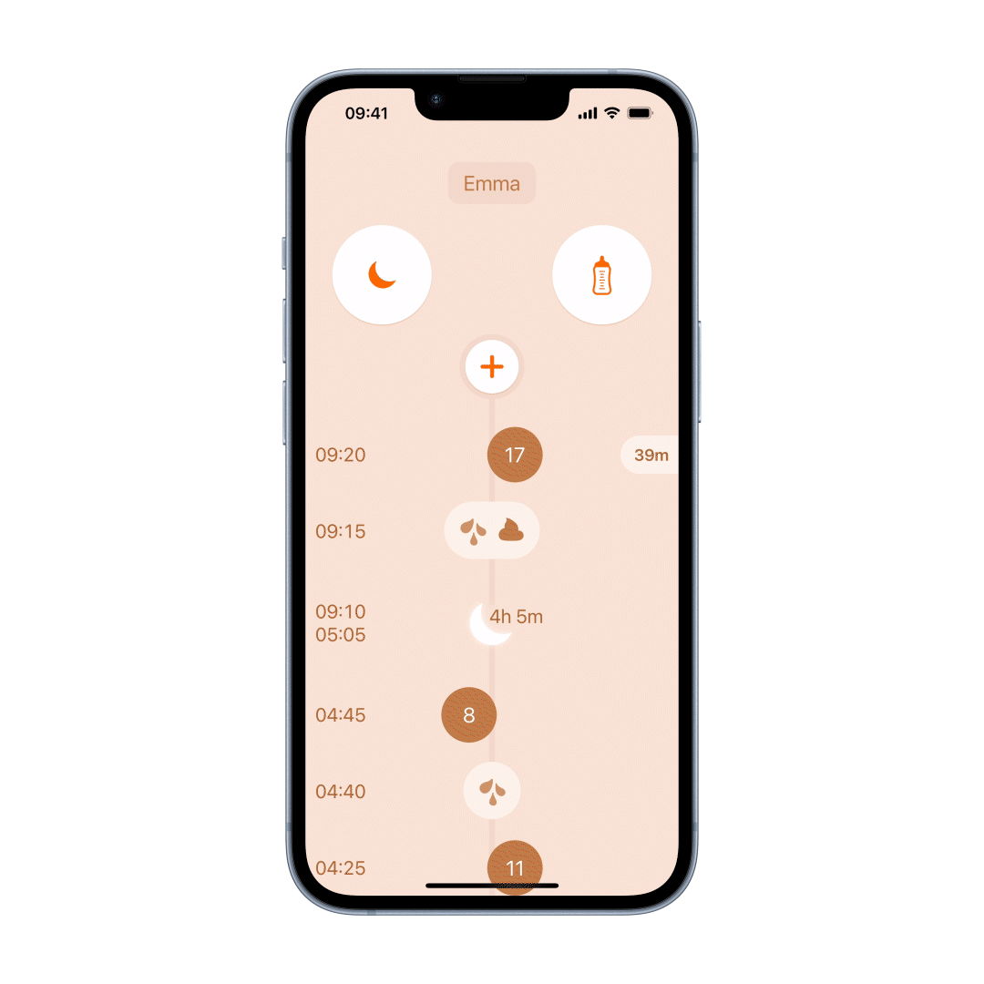 A gif animation showing how to log a baby’s head circumference with Le Baby, a baby tracker app for iOS. Select the height entry from the menu, adjust the value, and save to add the entry to the baby journal.