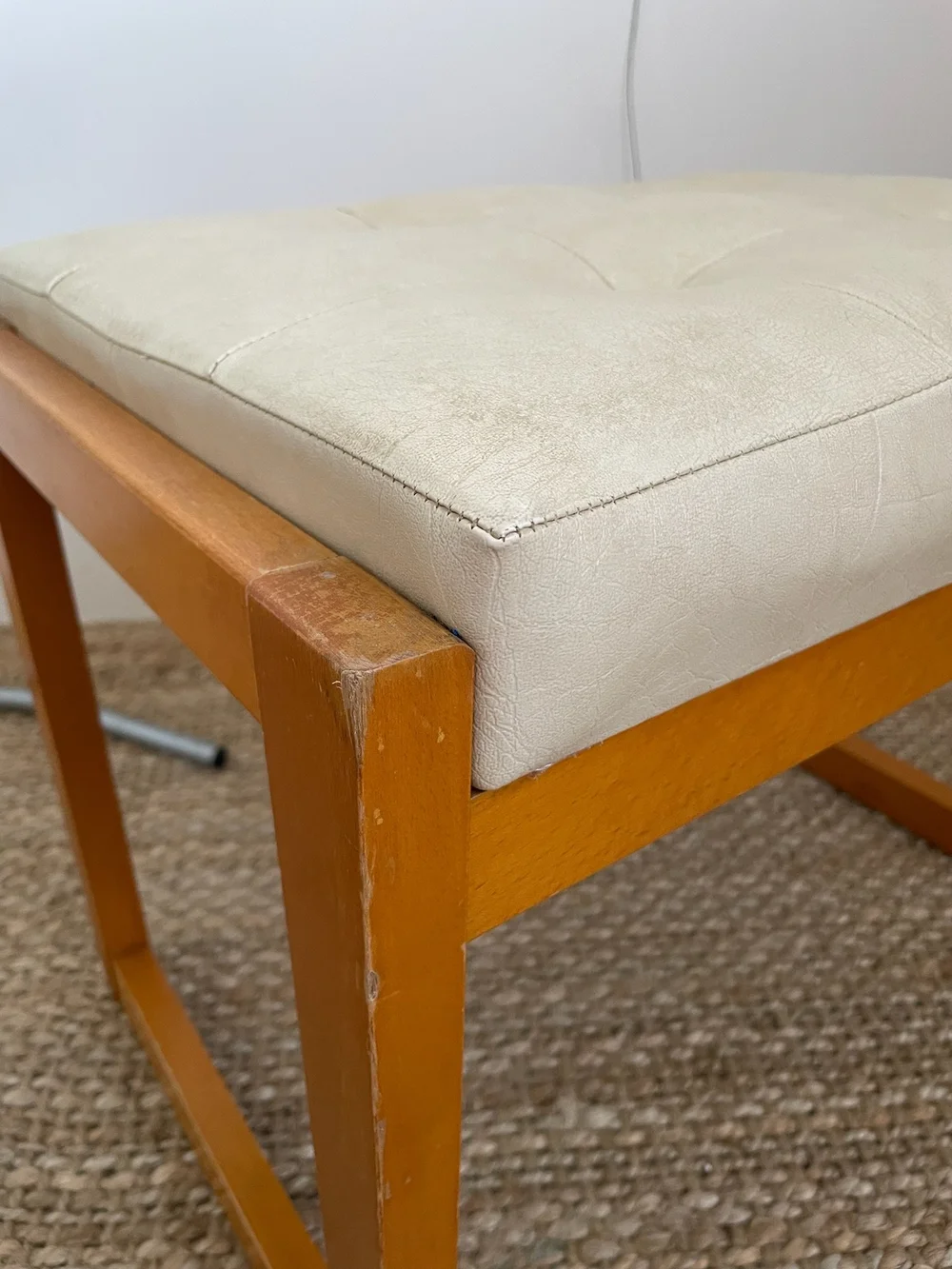 Mid Century dressing table stool with cream vinyl seat and button detail Modern Magpies Mid Century dressing table stool with cream vinyl seat and button detail Modern Magpies