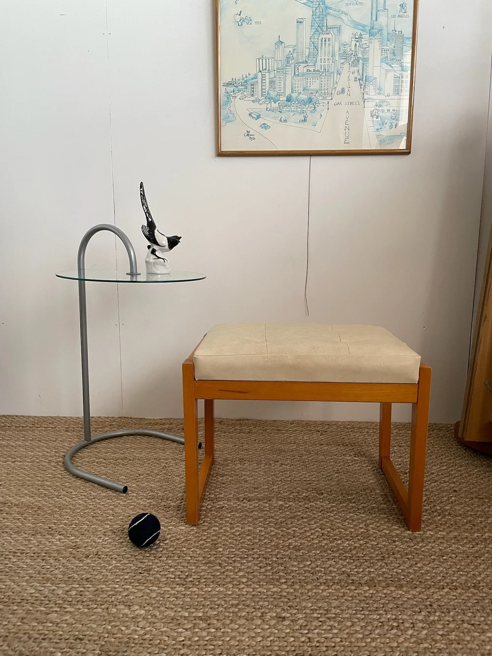 Mid Century dressing table stool with cream vinyl seat and button