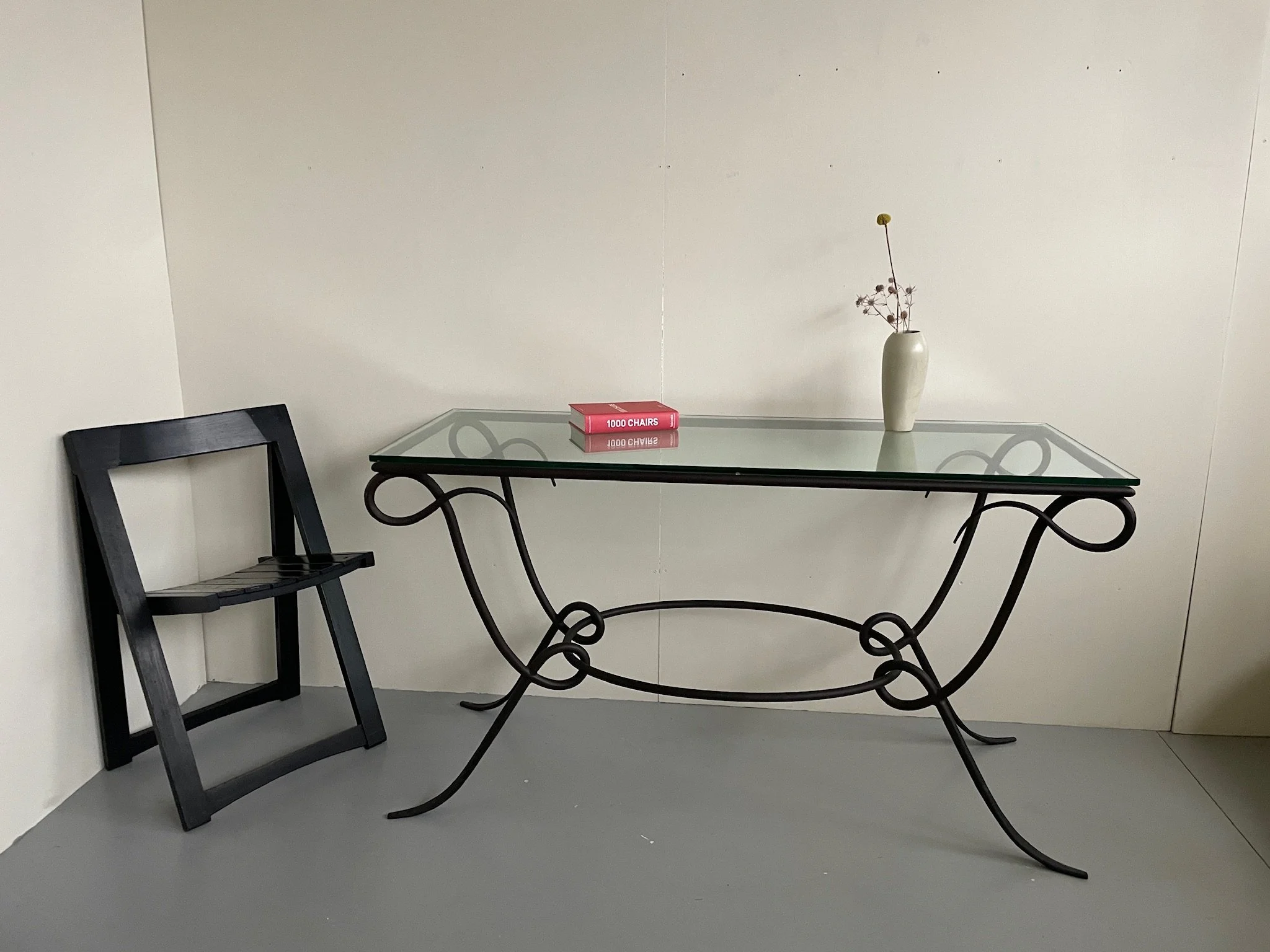 Stunning large wrought iron curly console table with glass top postmodern
