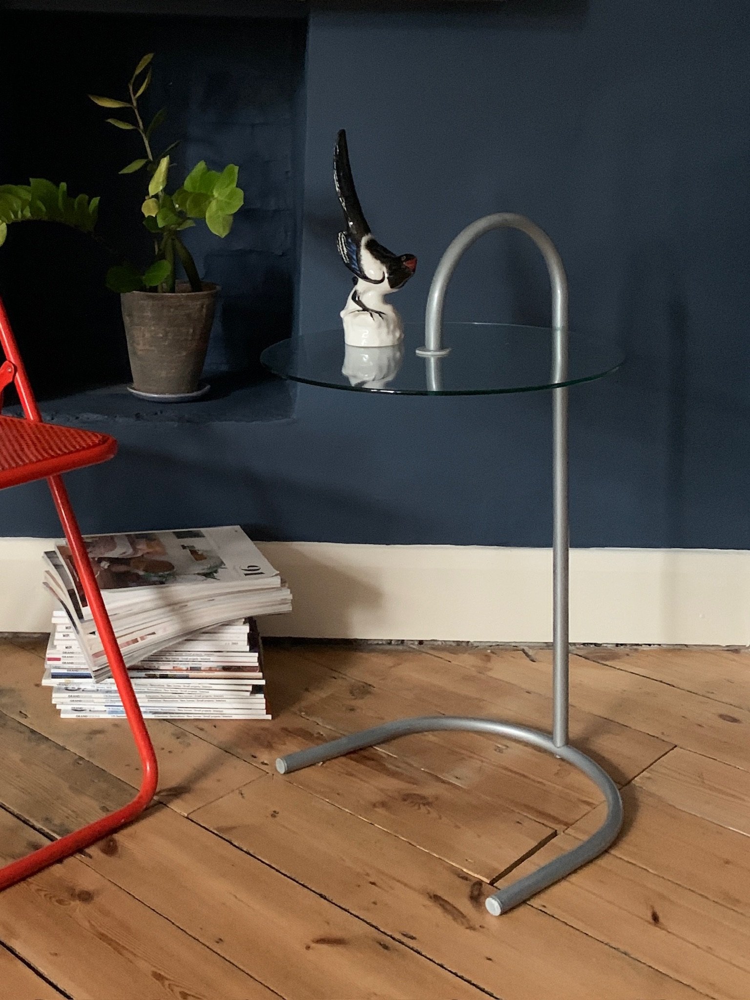 1980s vintage Ikea Ry glass and metal side table postmodern Memphis