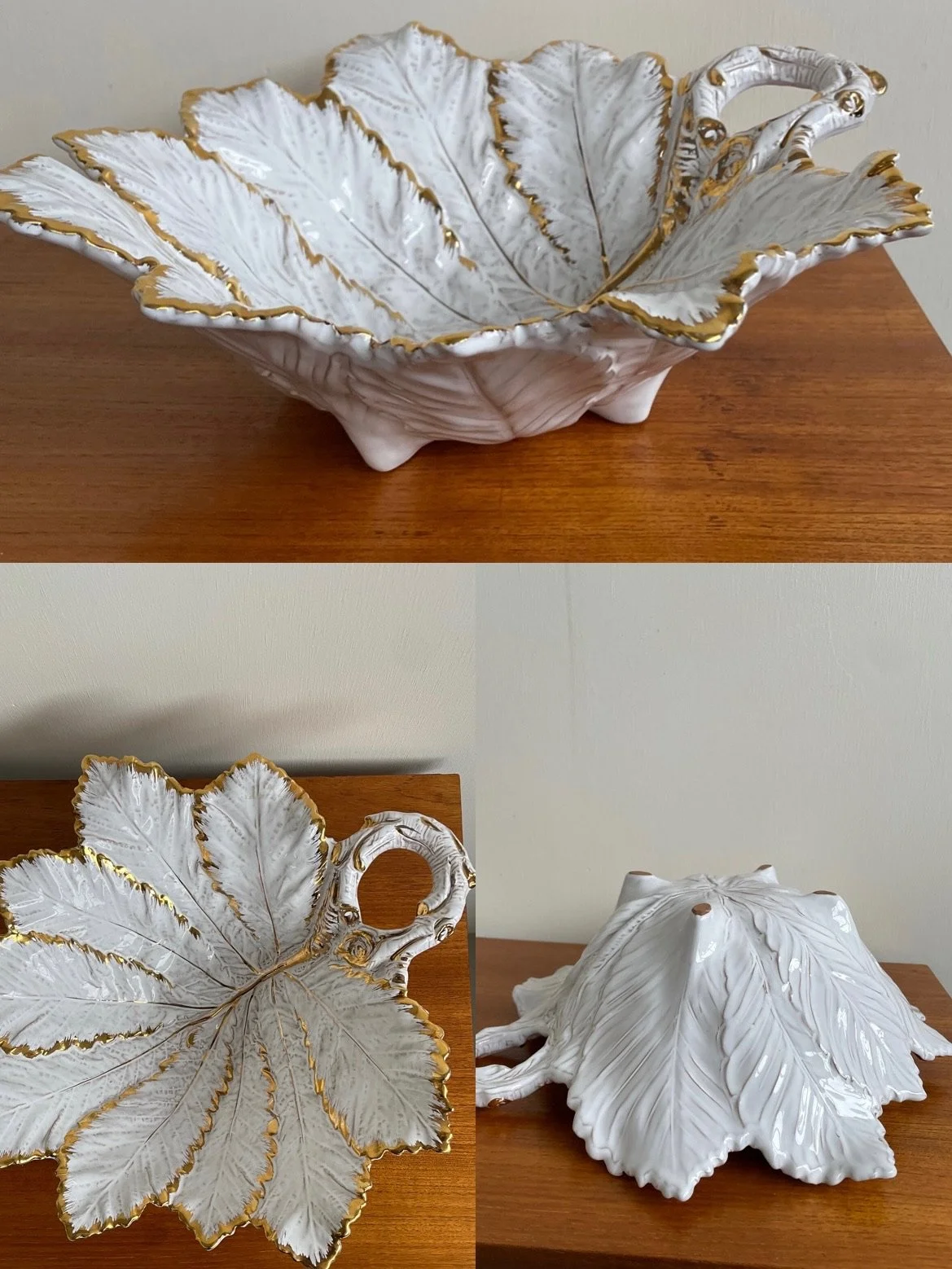 Vintage Italian ceramic deep decorative leaf bowl with gold detailing