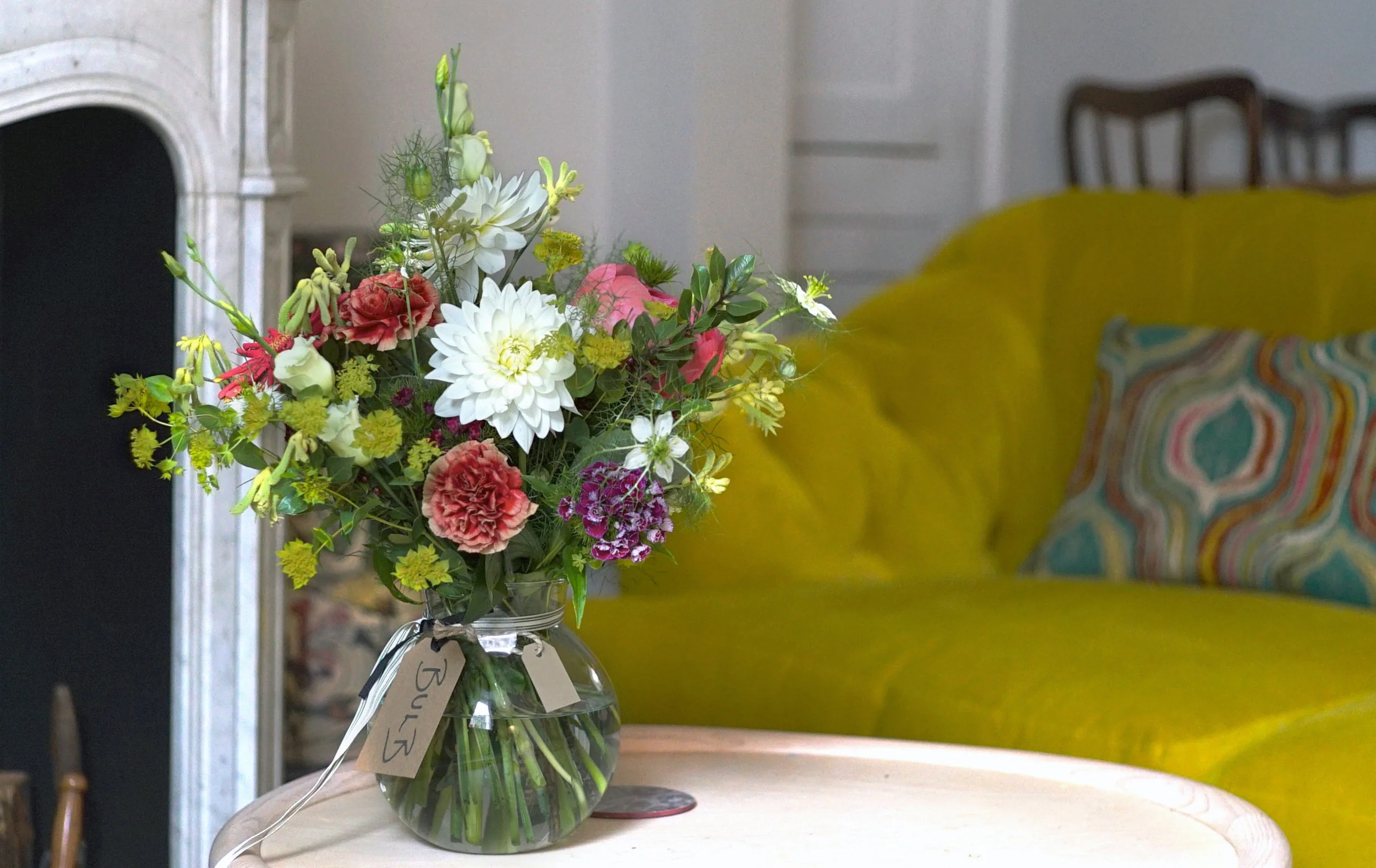 Sweet william and dahlia flower arrangement in living room.jpg