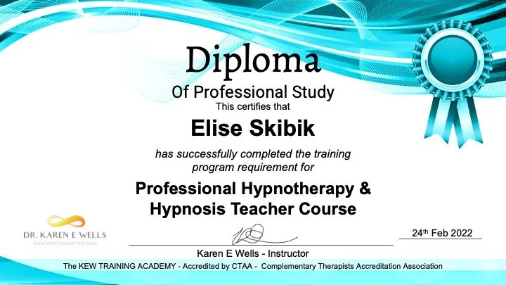 Certificate for completing a professional hypnotherapy and hypnosis teacher course, issued by Dr. Karen E Wells on February 24, 2022.