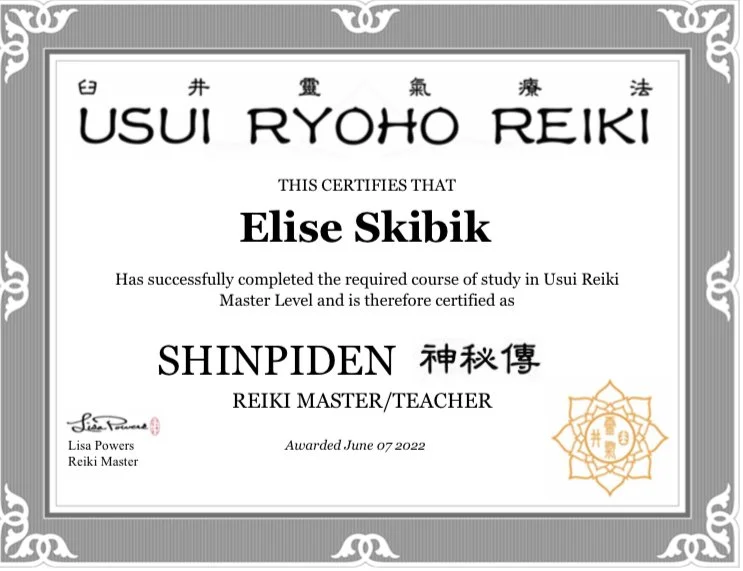 Usui Reiki Master certificate for Elise Skibik, awarded June 7, 2022, by Lisa Powers.