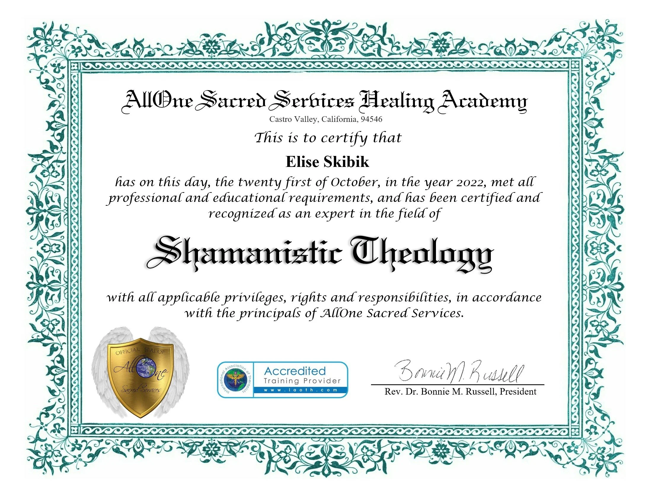Certificate from AllOne Sacred Services Healing Academy awarded to a person for expertise in Shamanistic Theology, featuring decorative border and official seals.