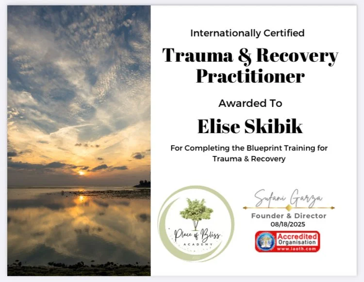 Certificate awarded to Elise Skibik for completing trauma and recovery training, issued by Place of Bliss Academy with a sunset over water background.