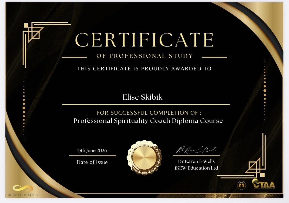 A black and gold certification of professional study awarded to Elise Skibik for completing a Professional Spirituality Coach Diploma Course, issued on June 15, 2026, signed by Dr. Karen E Wells.
