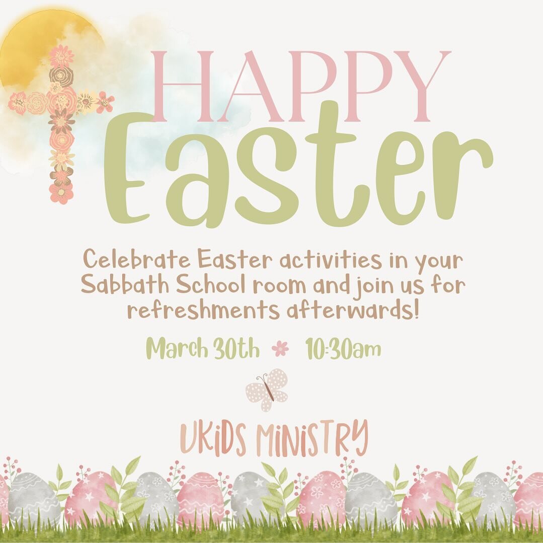 Celebrate special Easter activities in your Sabbath School room this Sabbath and join us for refreshments afterwards!
March 30th 🌸 10:30am. Hope to see you there!