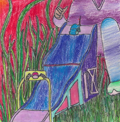 5th grade drawings on boy playing with a car track in the grass.