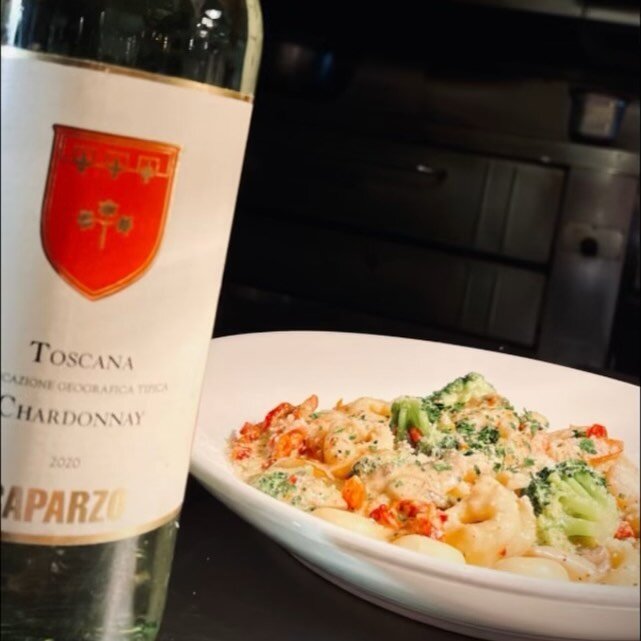 Shrimp Tortellini Carbone paired with Caparzo 2020 Chardonnay is our special tonight!