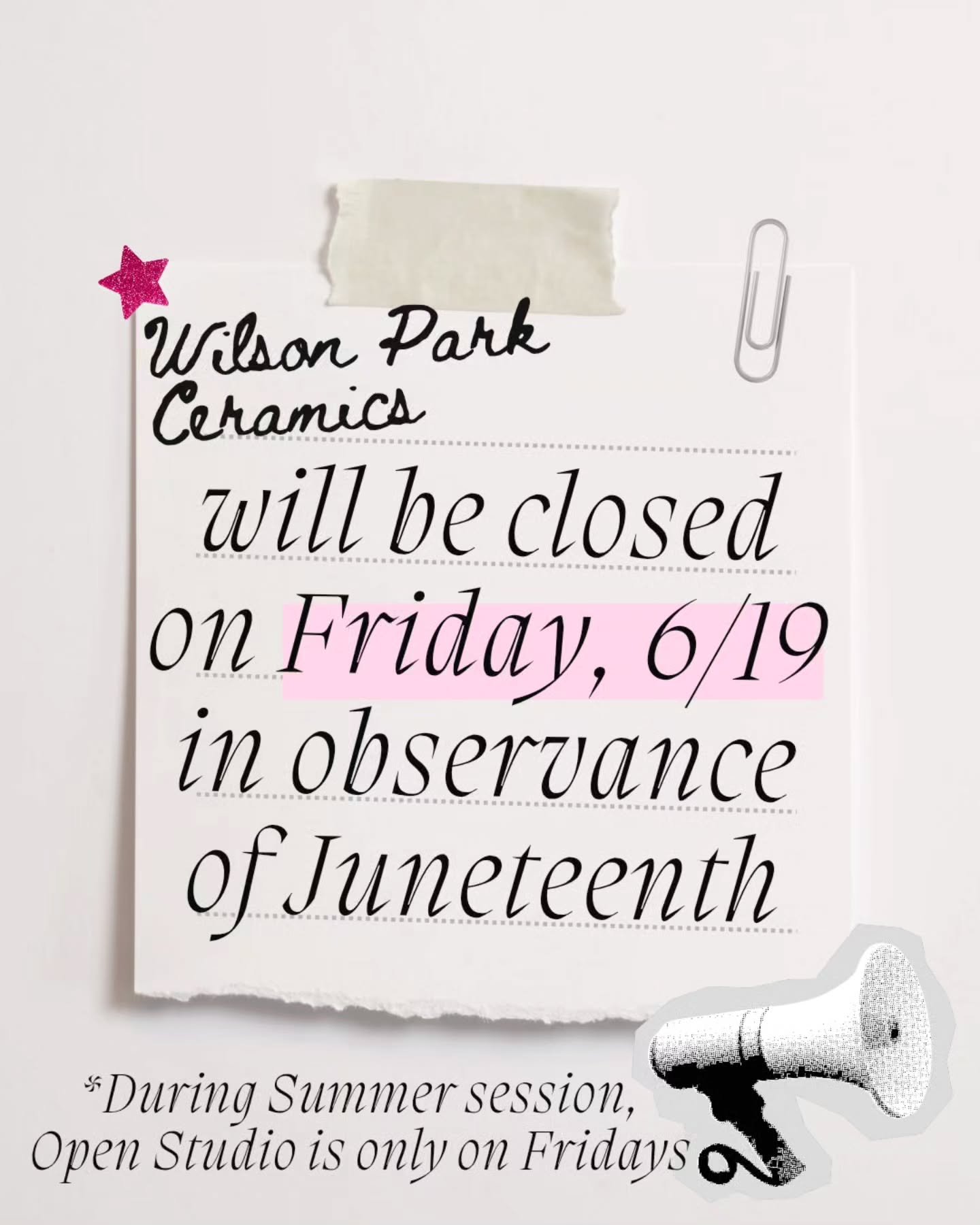 Heads up! We will not be open Friday, 6/19 in observance of Juneteenth!

#cityofcupertino #bayarea #wilsonparkceramics #ceramics