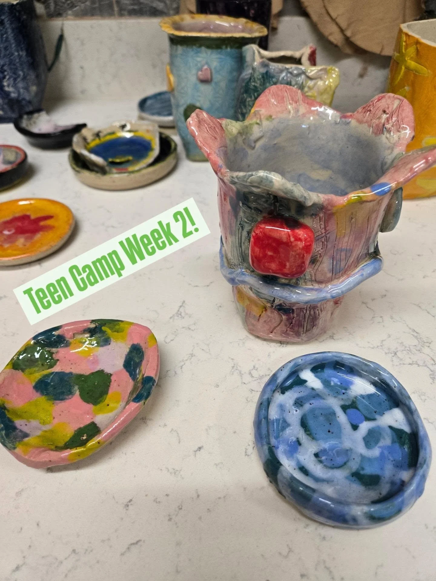 Teen Camp Week 2 Recap! They threw plates, and bowls and handbuilt vases, tumblers, and pinwheel dishes! We also spent a couple of days with underglazing!