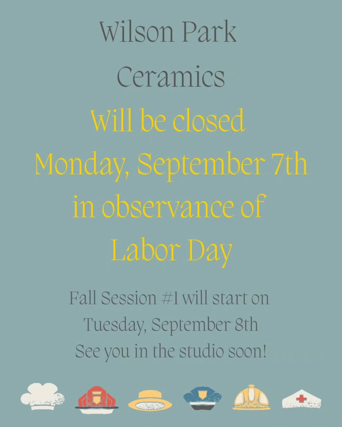 FYI! We're closed on Monday, 9/7 for Labor Day. We'll see you in the studio Tuesday, 9/8 for Fall Classes Session 1!