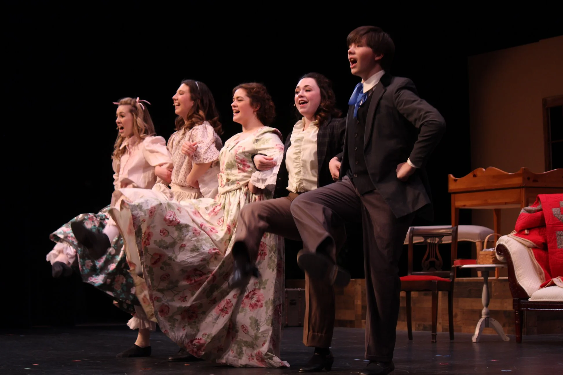 “Five for all forever!” Left to Right: Sidney May as Amy, Deanta Saunders as Beth, Lindsey Smith as Meg, Ashlyn Lewis as Jo, and Zaden Scheer as Laurie. Photo Courtesy of Sean Caldwell.