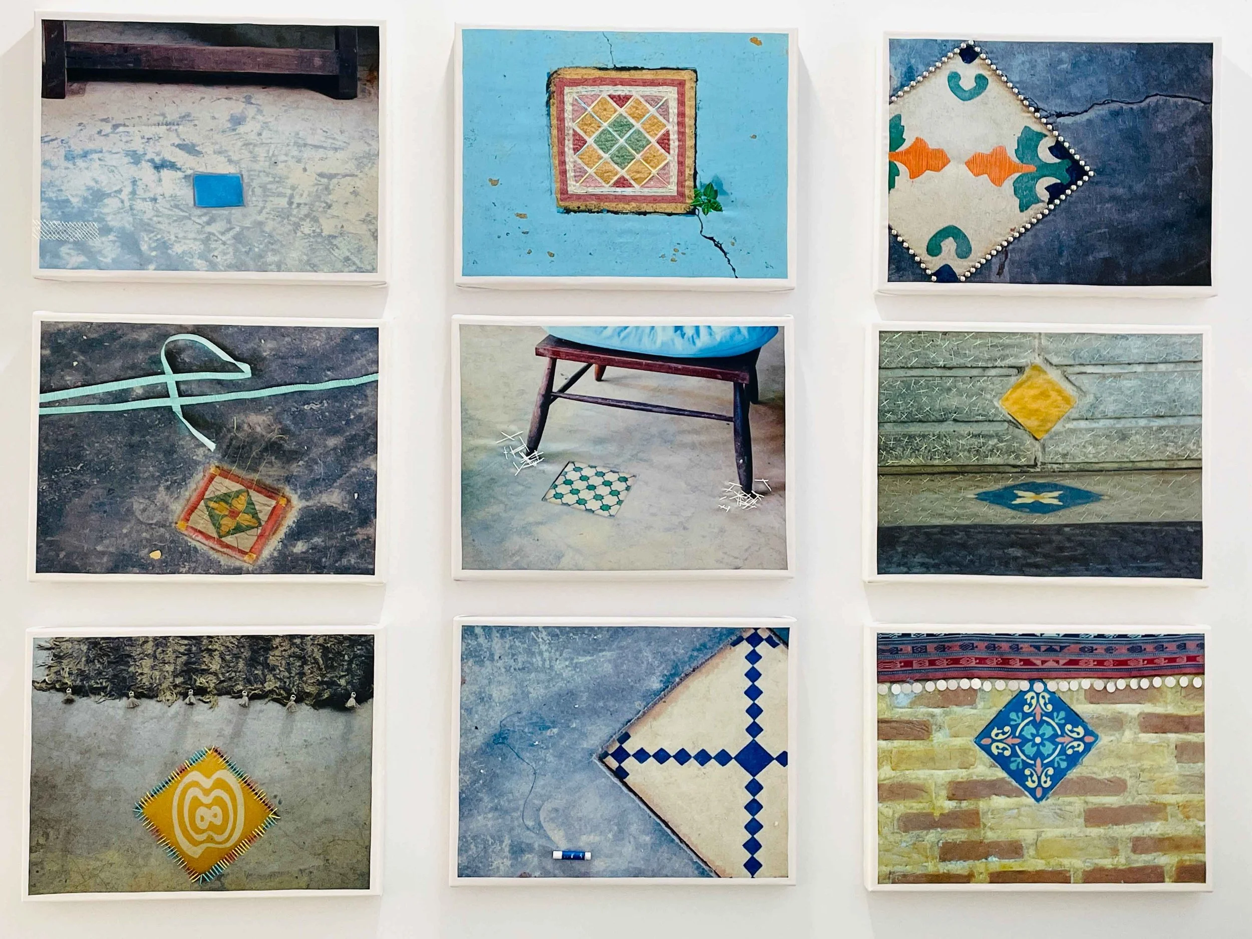  ‍ Set of 9 panels  Photographs printed on cotton, embroidery thread, trimmings   72’’ x 52’’ x 2’’   The interchangability of the panels, allows to renew the artwork overtime to your liking and thus give the impression of changing the decor.  ——————