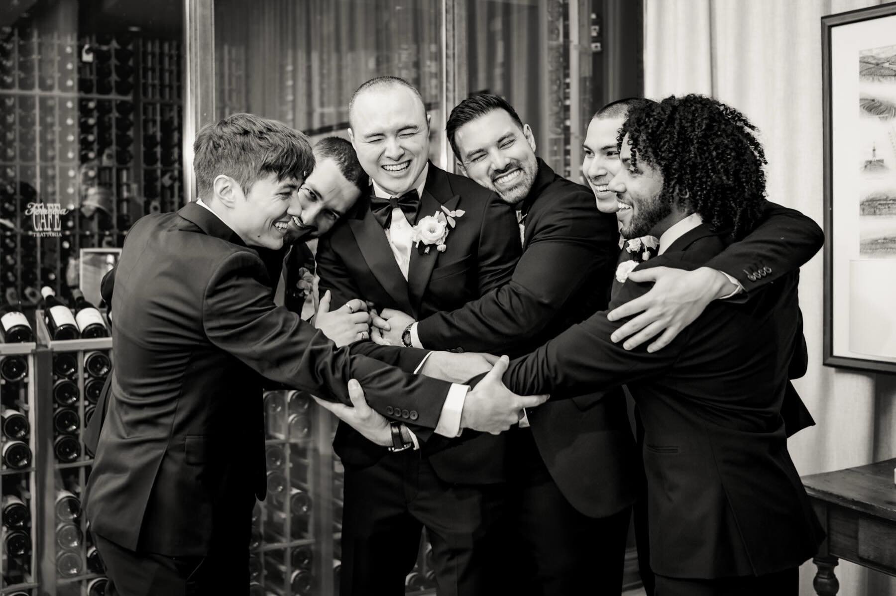 Dear Grooms, 

I live for seeing you light up in an unexpected group hug from your closest people or any reaction they suddenly spring on you, for that matter, because this is your hour to shine. All this brotherly love and support is the stuff that 