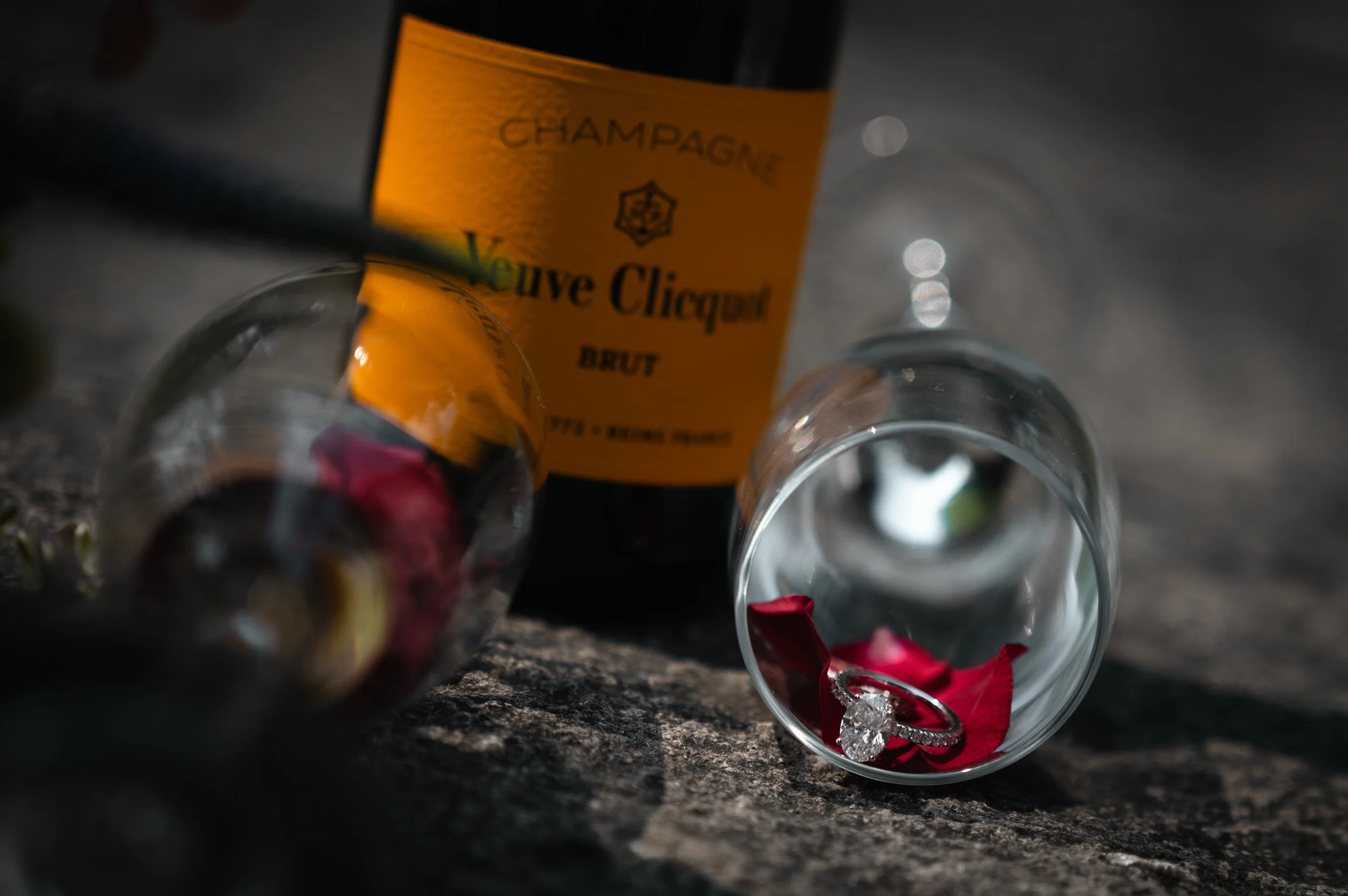 Champagne and an incredible diamond ring to celebrate an engagement photo session with Montreal wedding and engagement photographer, Valerie Rosen Photography.