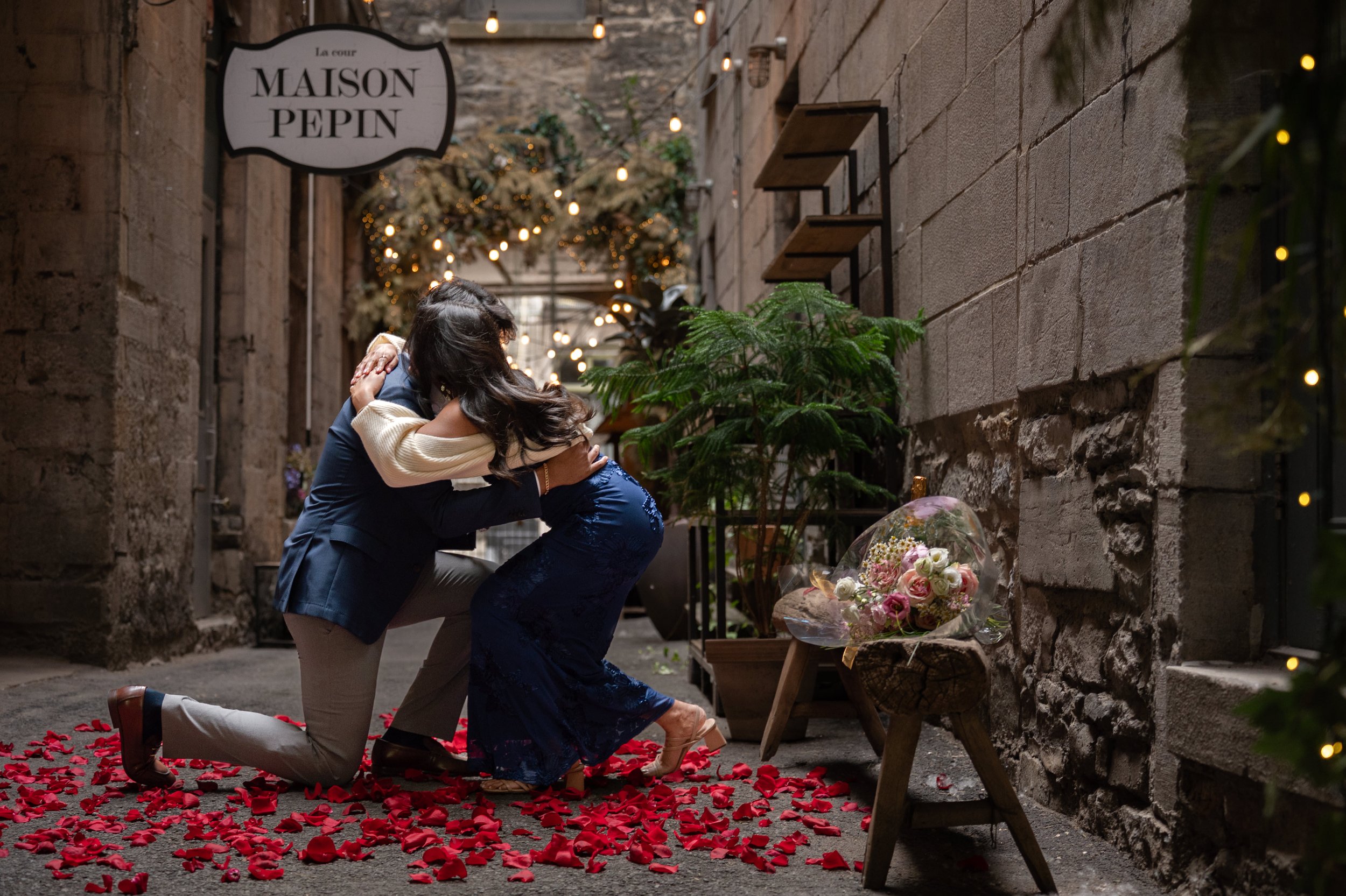 Surprise engagement at maison pepin alley in old montreal by valerie rosen photography