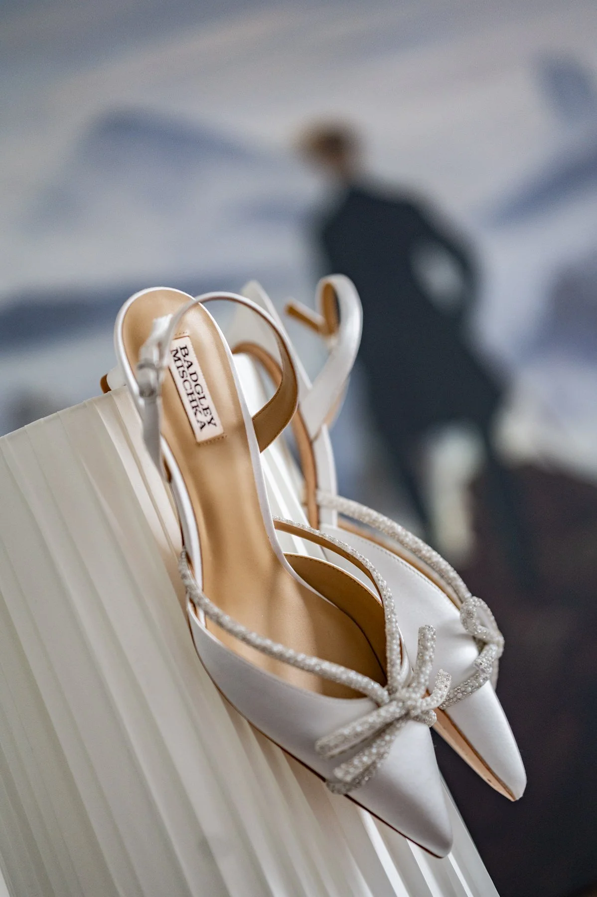Badgley Mischka bridal shoes detail shot during Montreal bride getting ready session. 