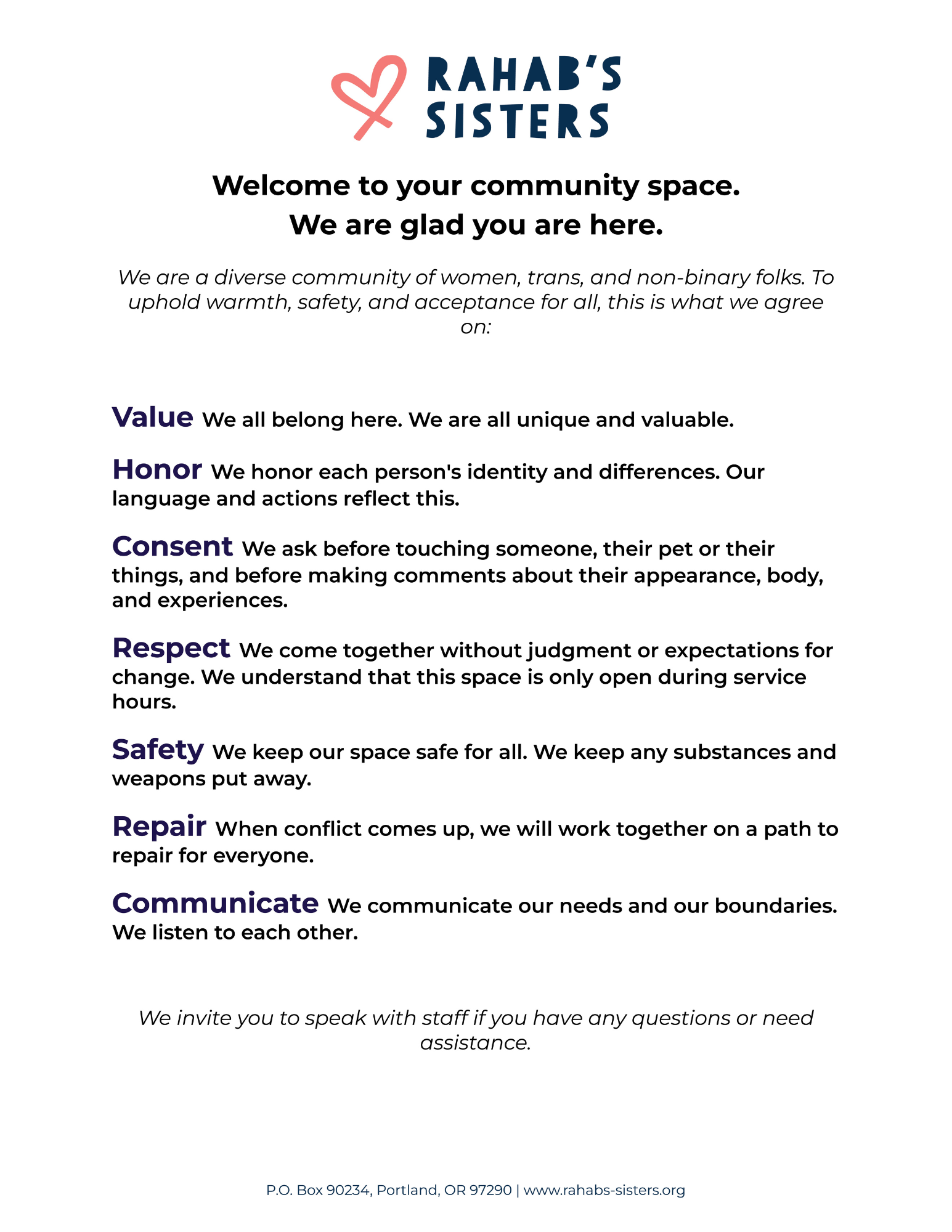 Community Agreements — Rahab's Sisters