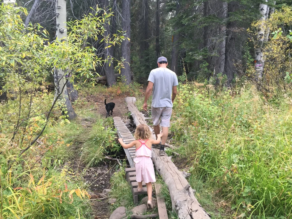 Eben and Maris balancing across a trickling stream