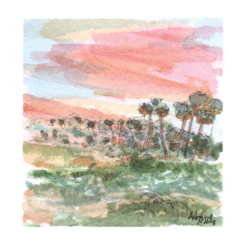Flatlands IV. Ink & Watercolor. 2.75” x 2.75” Hahnemühle 100% mould-made watercolor paper.