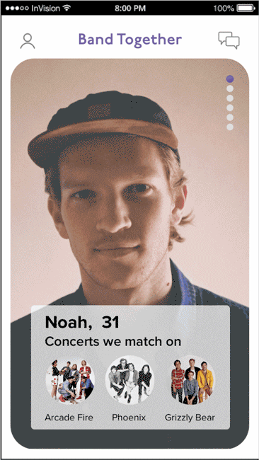 For the Match Feature we replicated the interactions users are already familiar with from dating apps: swipe right and left, big photos, and the messaging feature. The only difference is that people are matched not just by looks but by wanting to attend the same concert. 