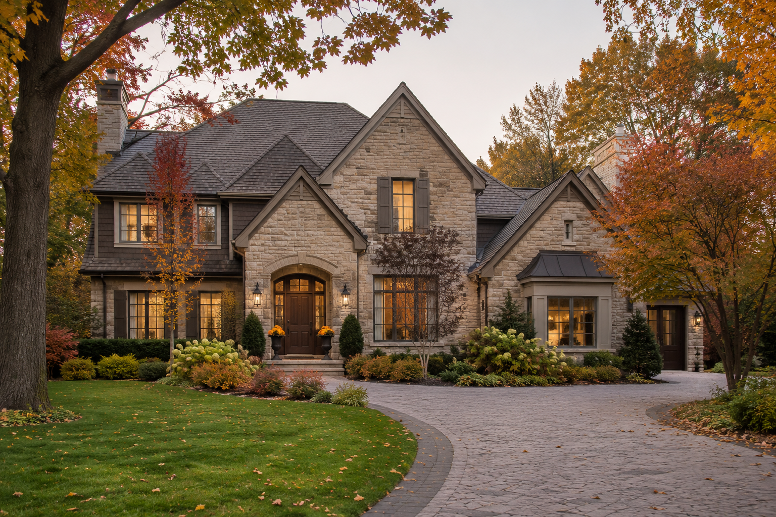 High-end suburban home with mature trees and fall landscaping in Minnetonka, Minnesota.