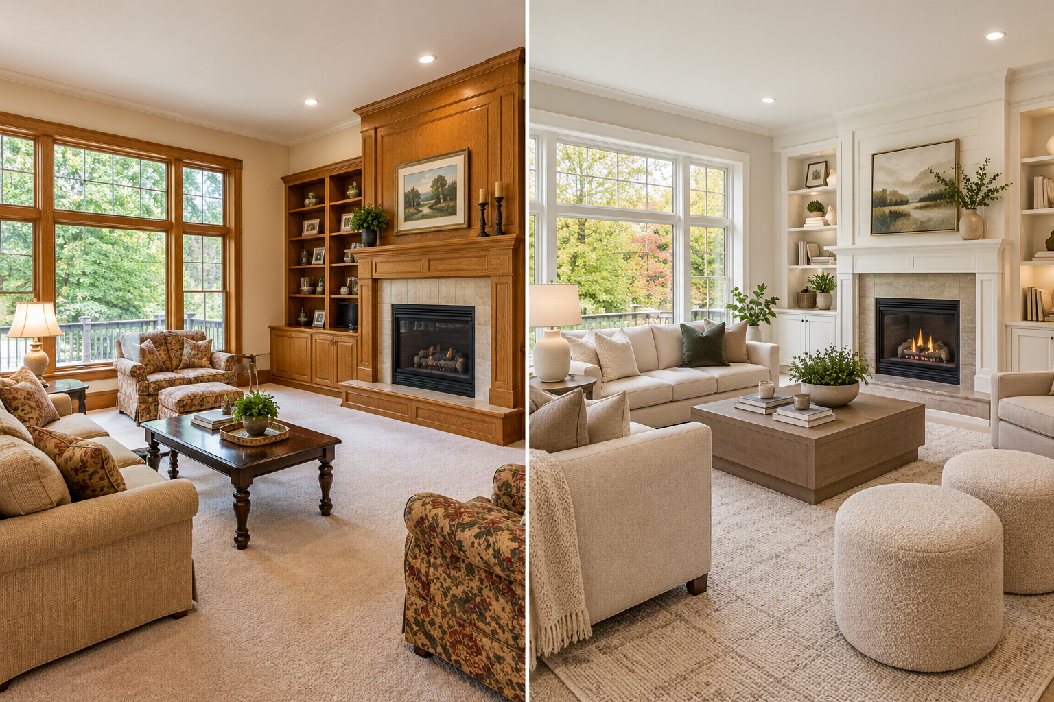 Comparison of a dated living room and a refreshed staged living room with updated paint and flooring.