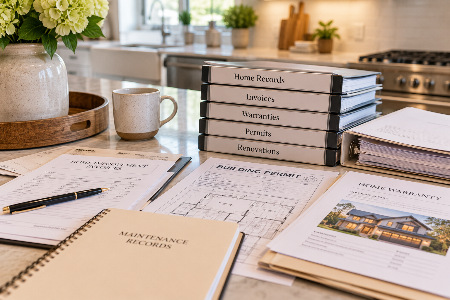 Home improvement records, invoices, and permit paperwork organized on a kitchen counter.
