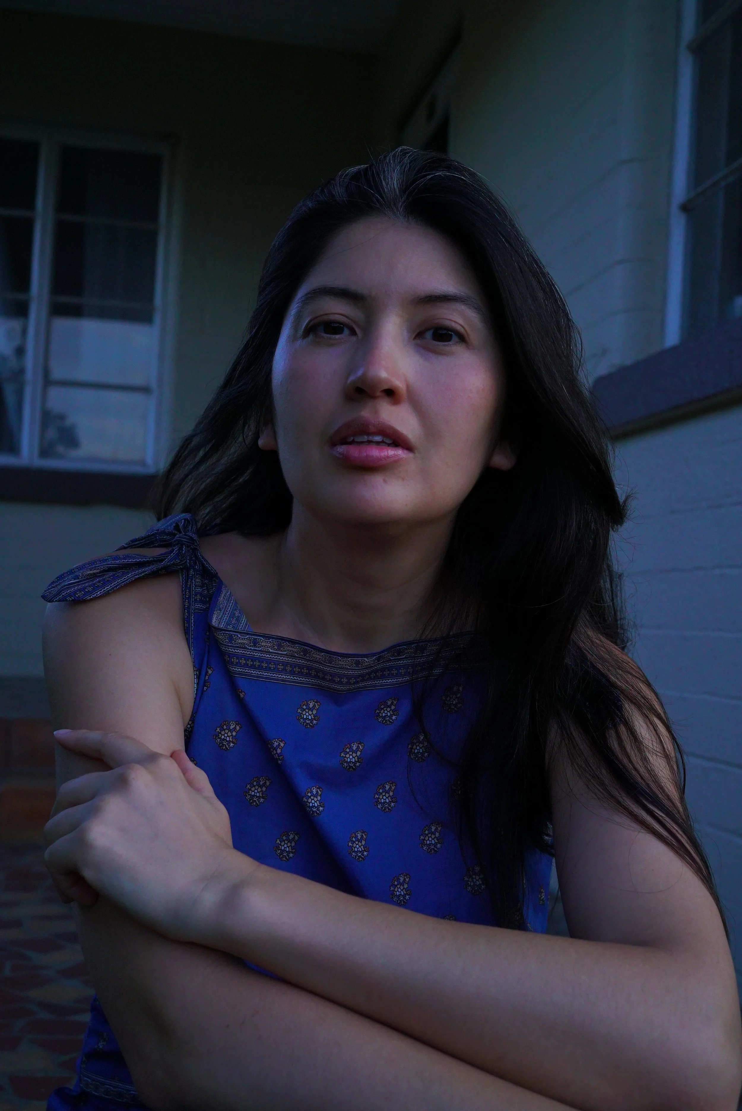 Asa Drake, a woman with light skin and dark hair wearing a blue scarf print dress. It's evening but not dark yet.